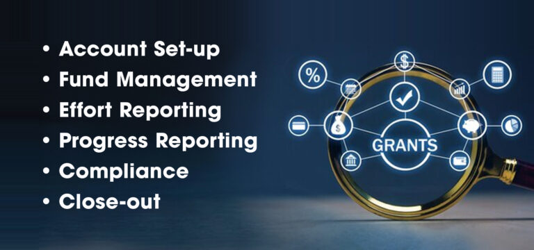 Image of a magnifying glass with illustrations of grant management tasks